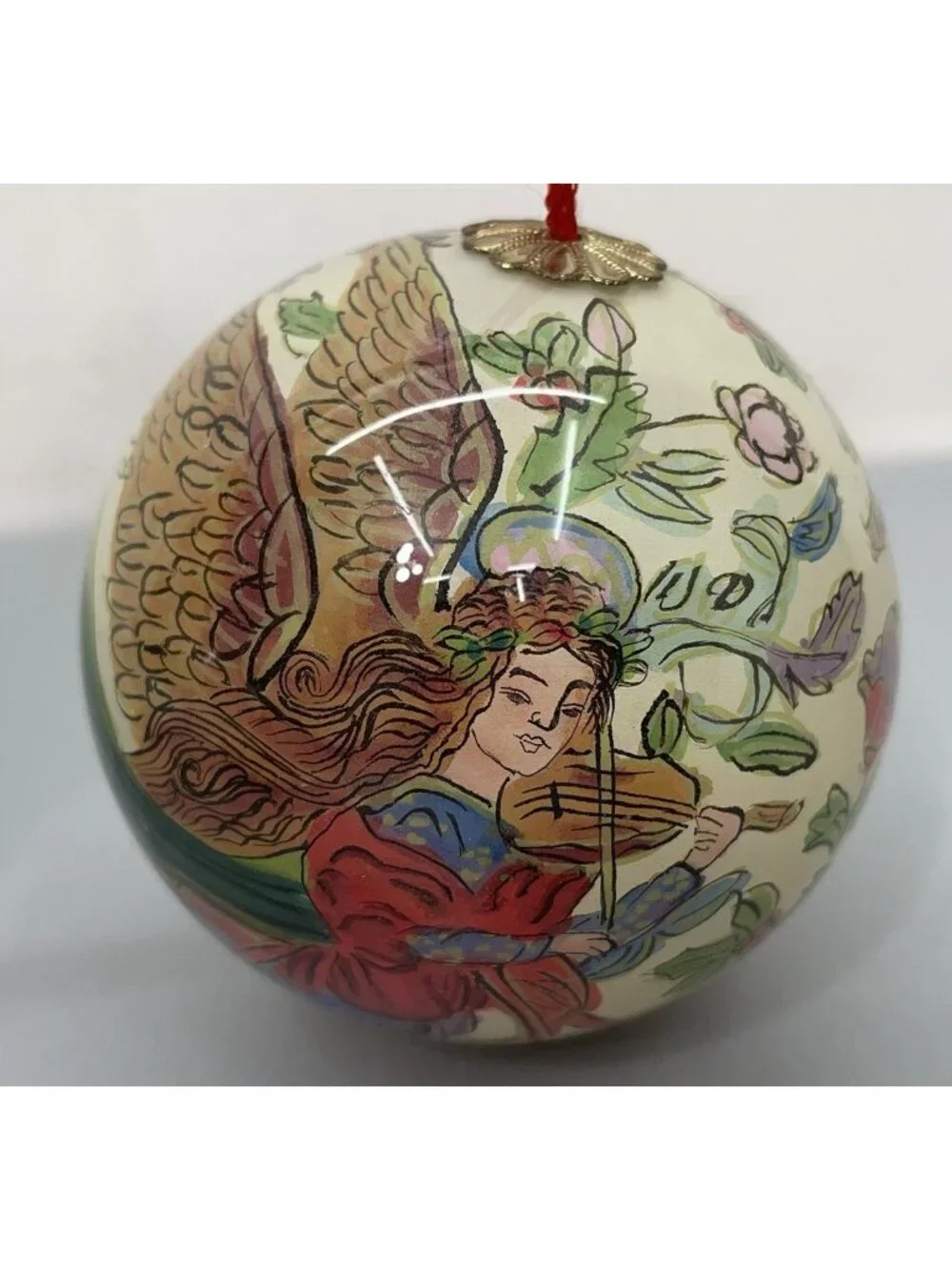 Vintage Christmas Glass Ornament Round Reverse Inside Hand Painted Angel Violin